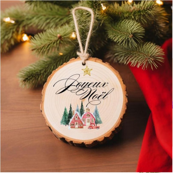 Boule de Noël en bois - Décoration sapin de Noël en bois - village Noël