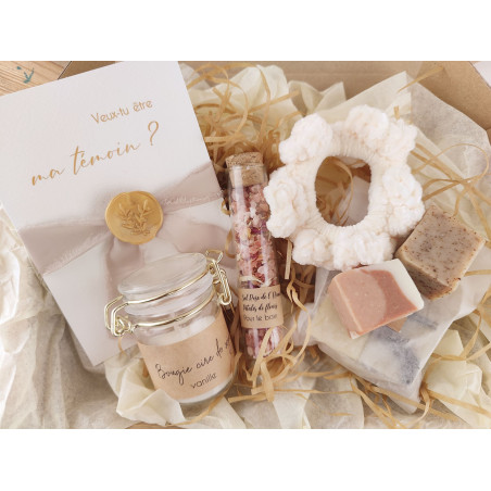 Box coffret cadeau demande témoin - Noël, carte bougie, chouchou, savon, sel de bain fleurs bien-être