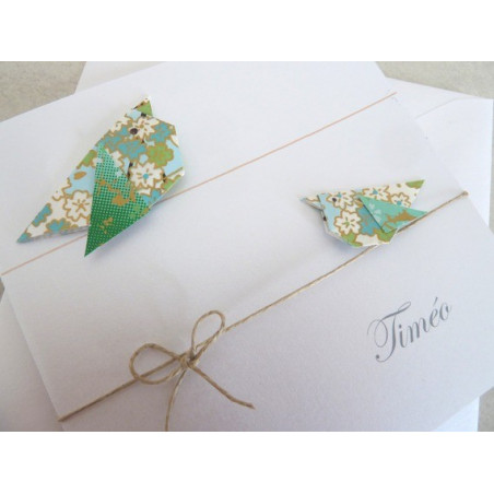 faire part naissance oiseaux vert bleu papier japonais haut de gamme