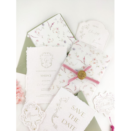 Marque-place mariage Collection Romance pastel en papier chiffon écru