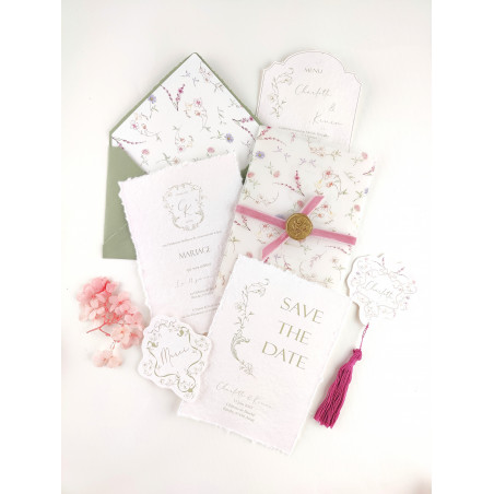 Marque-place mariage Collection Romance pastel en papier chiffon écru