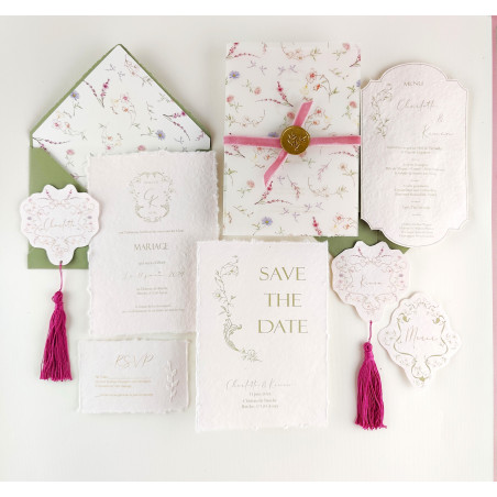 Menu de mariage Collection Romance Pastel en papier chiffon