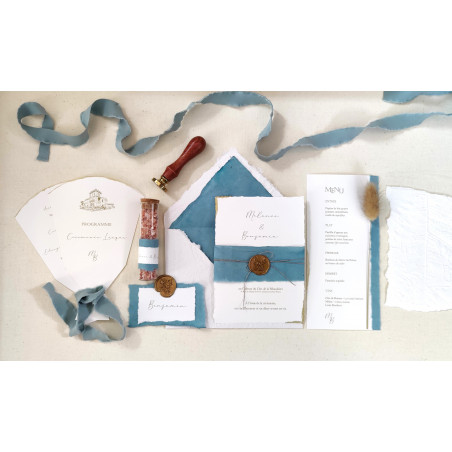Marque-place mariage en papier fait main bord déchirés et cachet de cire - Collection Océan