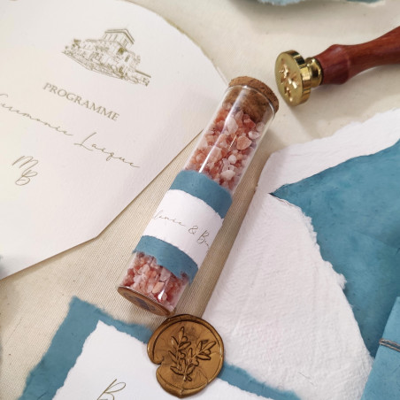 cadeau d'invités mariage chic artisanal Tube sel rose de l'Himalaya personnalisé thème mer