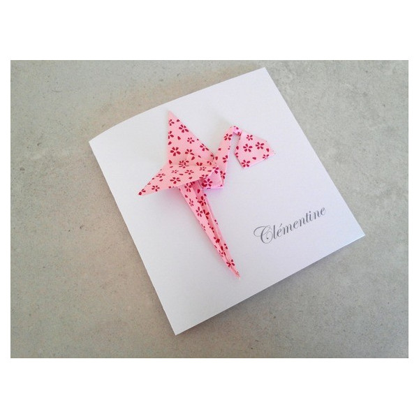 faire part naissance fille cigogne rose en papier japonais haut de gamme