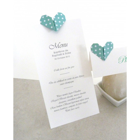 Menu coeur en origami vert mint pour baptême, anniversaire