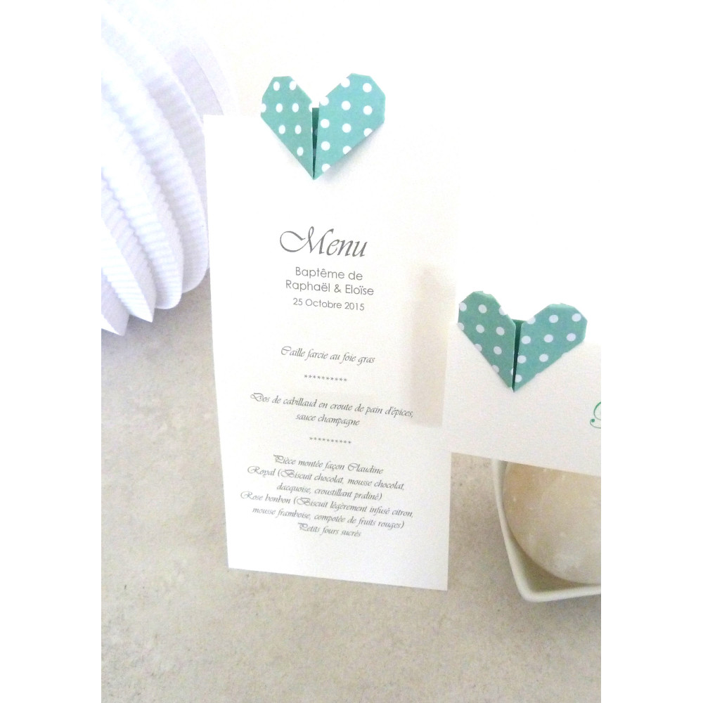 menu baptême chic garçon coeur vert mint original mignon haut de gamme