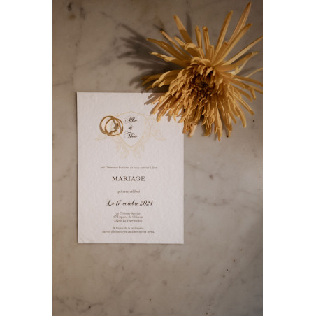 Faire part mariage élégant ancien noir doré en papier chiffon coton artisanal fait main