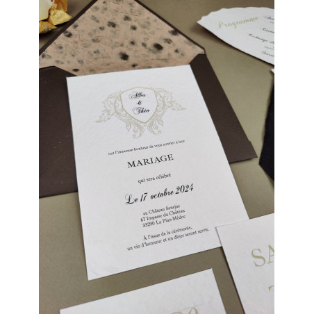 Faire part mariage élégant ancien noir doré en papier chiffon coton artisanal fait main