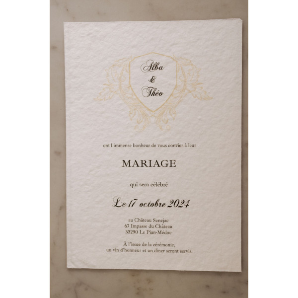 Faire part mariage élégant ancien noir doré en papier chiffon coton artisanal fait main