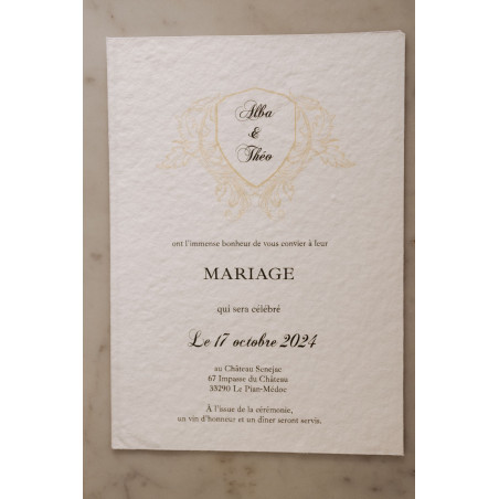 Faire part mariage élégant ancien noir doré en papier chiffon coton artisanal fait main