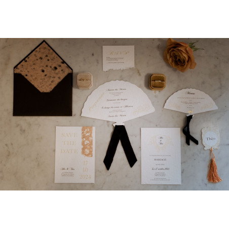 Faire part mariage élégant ancien noir doré en papier chiffon coton artisanal fait main