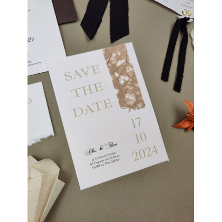 save the date mariage élégant ancien noir doré en papier chiffon coton artisanal fait main