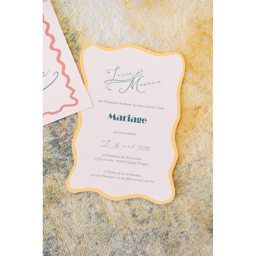 faire part mariage tendance ondes vibes jaune bleu vert orange