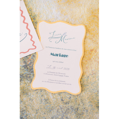faire part mariage tendance ondes vibes jaune bleu vert orange