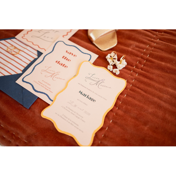 save the date mariage tendance ondes vibes jaune bleu vert orange