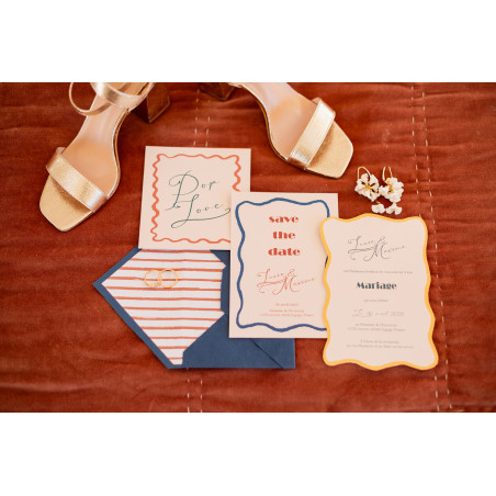 save the date mariage tendance ondes vibes jaune bleu vert orange