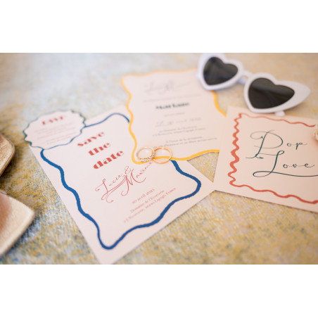 save the date mariage tendance ondes vibes jaune bleu vert orange