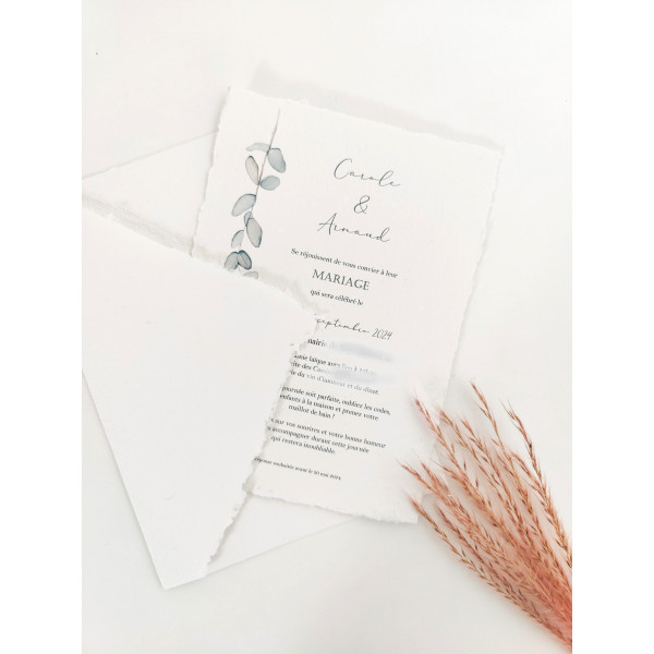 Faire part de mariage eucalyptus aquarelle en papier fait main coton artisanal authentique