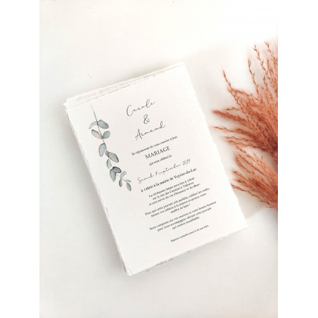Faire part de mariage eucalyptus aquarelle en papier fait main coton artisanal authentique