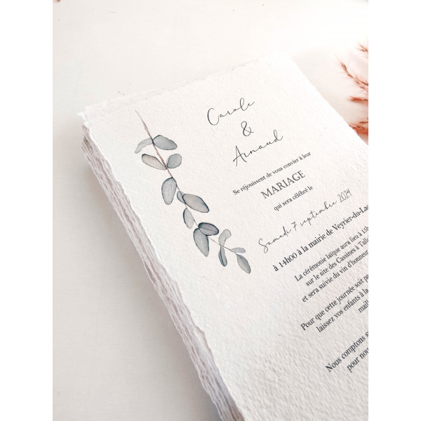 Faire part de mariage eucalyptus aquarelle en papier fait main coton artisanal authentique
