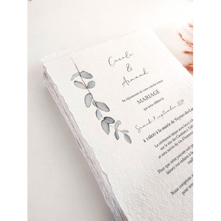 Faire part de mariage eucalyptus aquarelle en papier fait main coton artisanal authentique