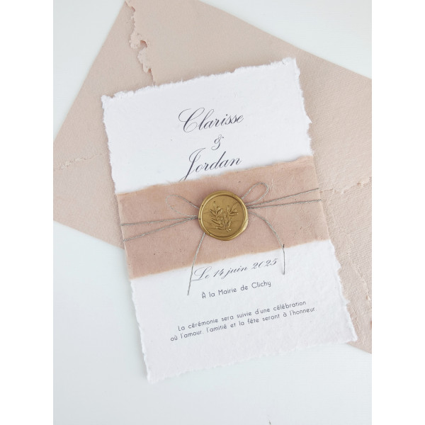 Faire part de mariage blush terracotta en papier fait main coton artisanal authentique