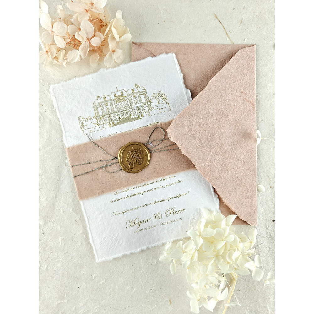 Faire part de mariage blush terracotta en papier fait main coton artisanal authentique