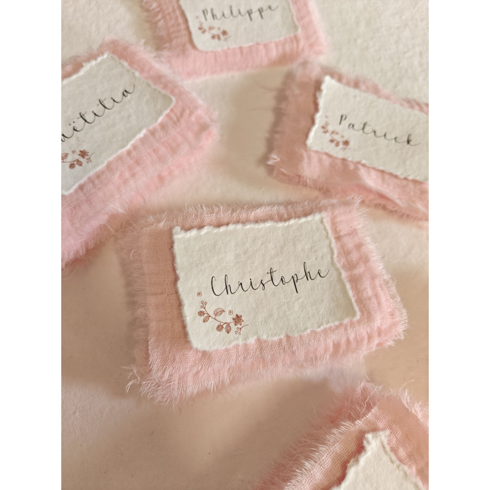 marque place mariage romantique doux en papier coton chiffon bord déchirés artisanal rose poudré
