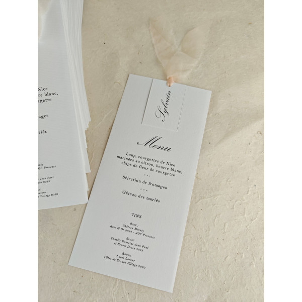 menu + marque place pour mariage élégant chic ruban soie blush
