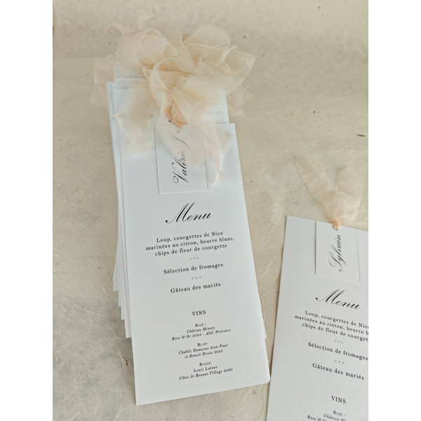 menu + marque place pour mariage élégant chic ruban soie blush