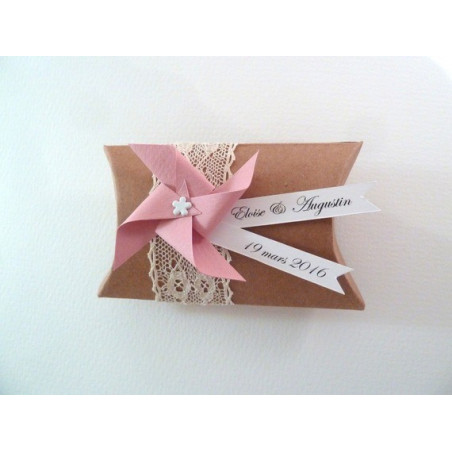 boite a dragees pillow kraft dentelle moulin a vent vieux rose mariage