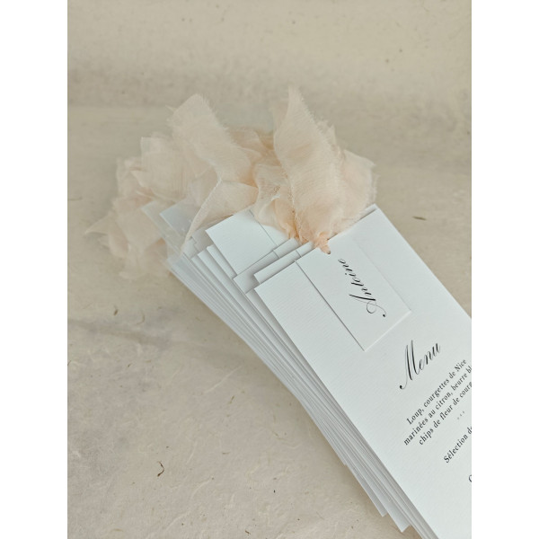 menu + marque place pour mariage élégant chic ruban soie blush
