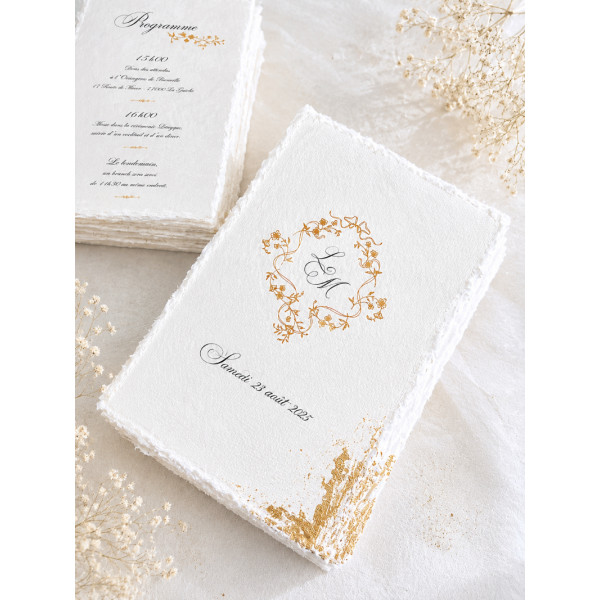 faire part mariage monogramme floral fine art doré élégant