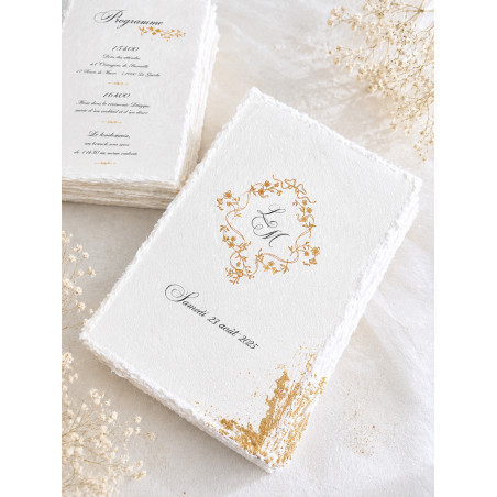 faire part mariage monogramme floral fine art doré élégant