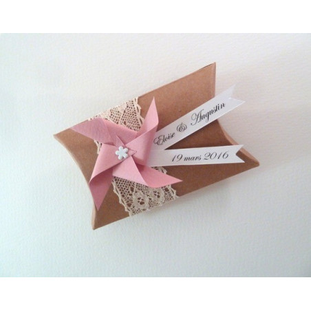 boite a dragees pillow kraft dentelle moulin a vent vieux rose mariage