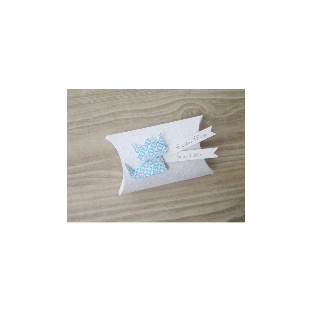 Boîte à dragées berlingot coussin + chat en origami bleu