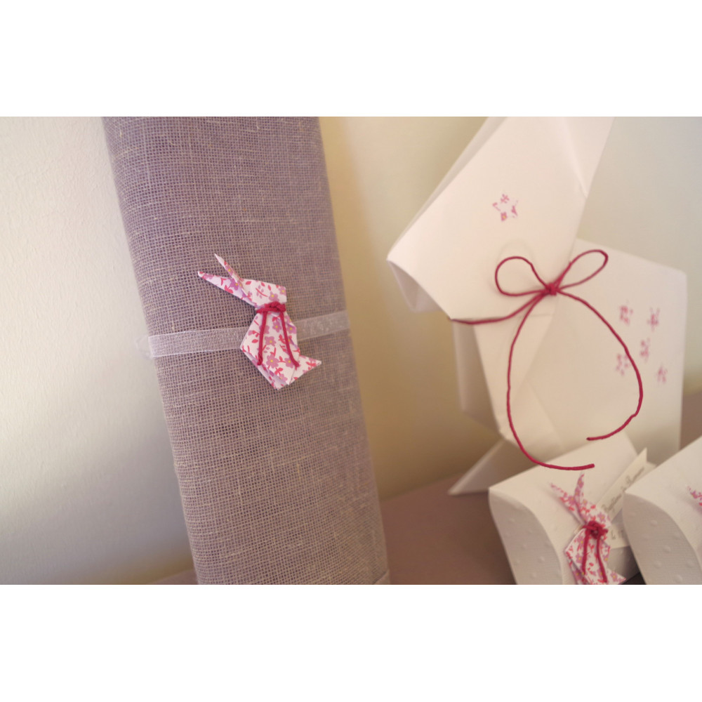 Ronds de serviette lapin en origami liberty violet + ruban organza blanc - 