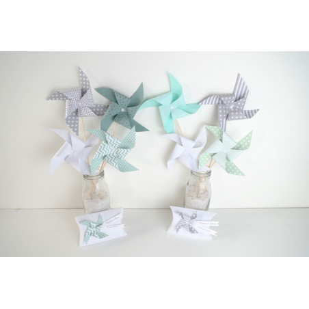 pics moulin a vent decoration table mariage bapteme mint gris vert