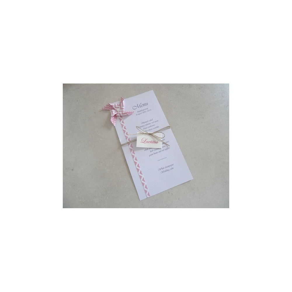 Menu et Marque place moulin à vent en origami à motif pois chevron rose 