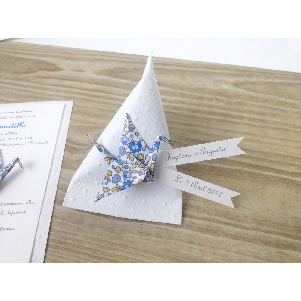 Boîte à dragées berlingot grue en origami liberty bleu