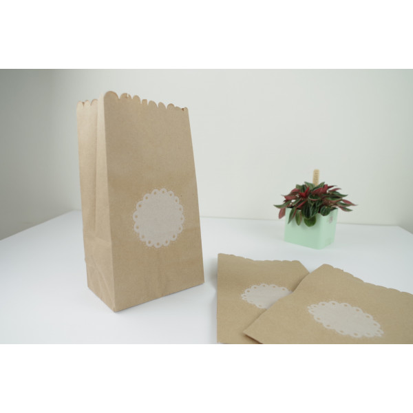 Sac Pochettes cadeaux (x 5) avec soufflet en papier kraft imprimé étiquette blanc 11x19x6.5 cm cadeaux, bijoux, baptême,