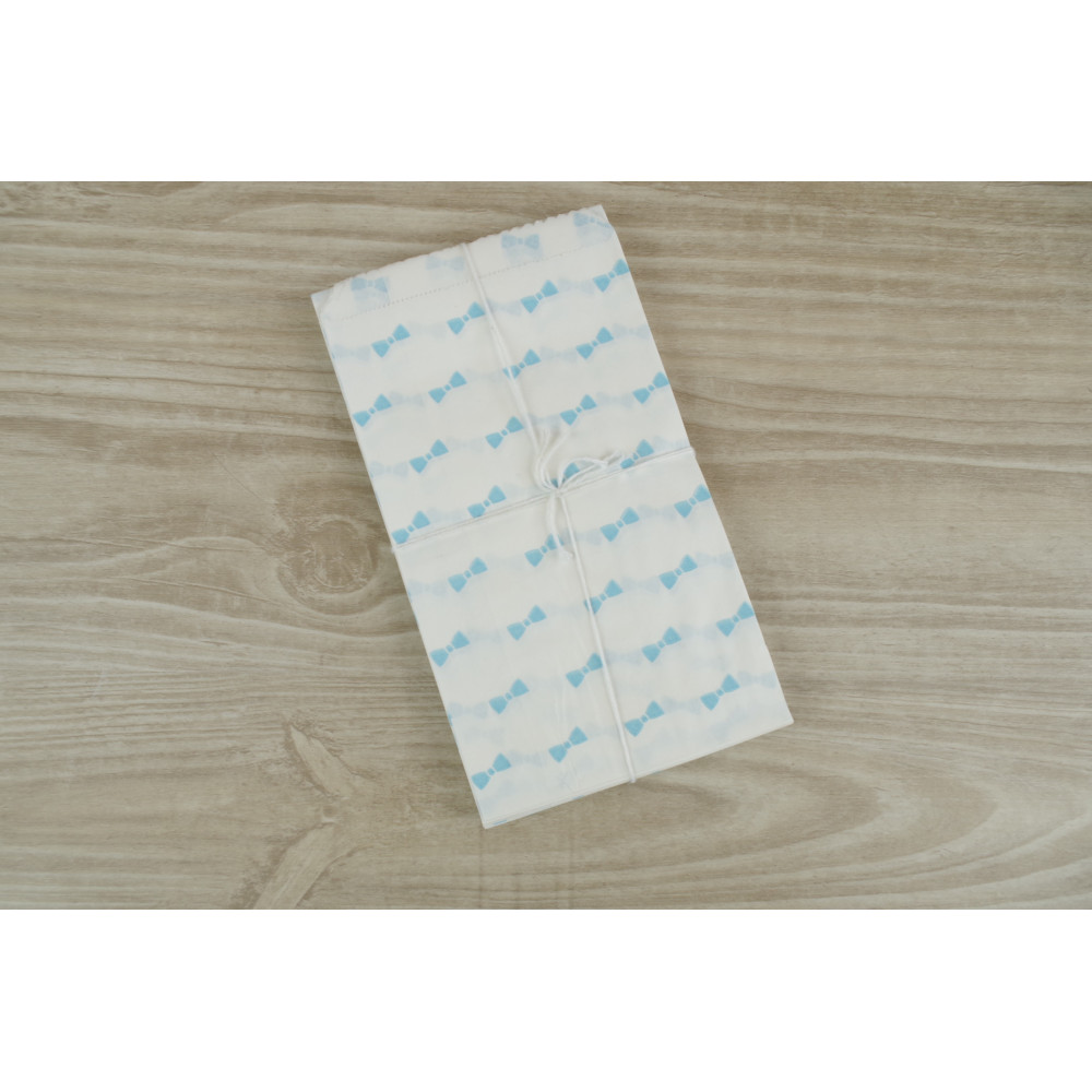 Sachets cadeaux (x10) noeud papillon bleu ciel - Pochettes en papier blanc 9 x15 cm pour bijoux, dragées, bonbon,