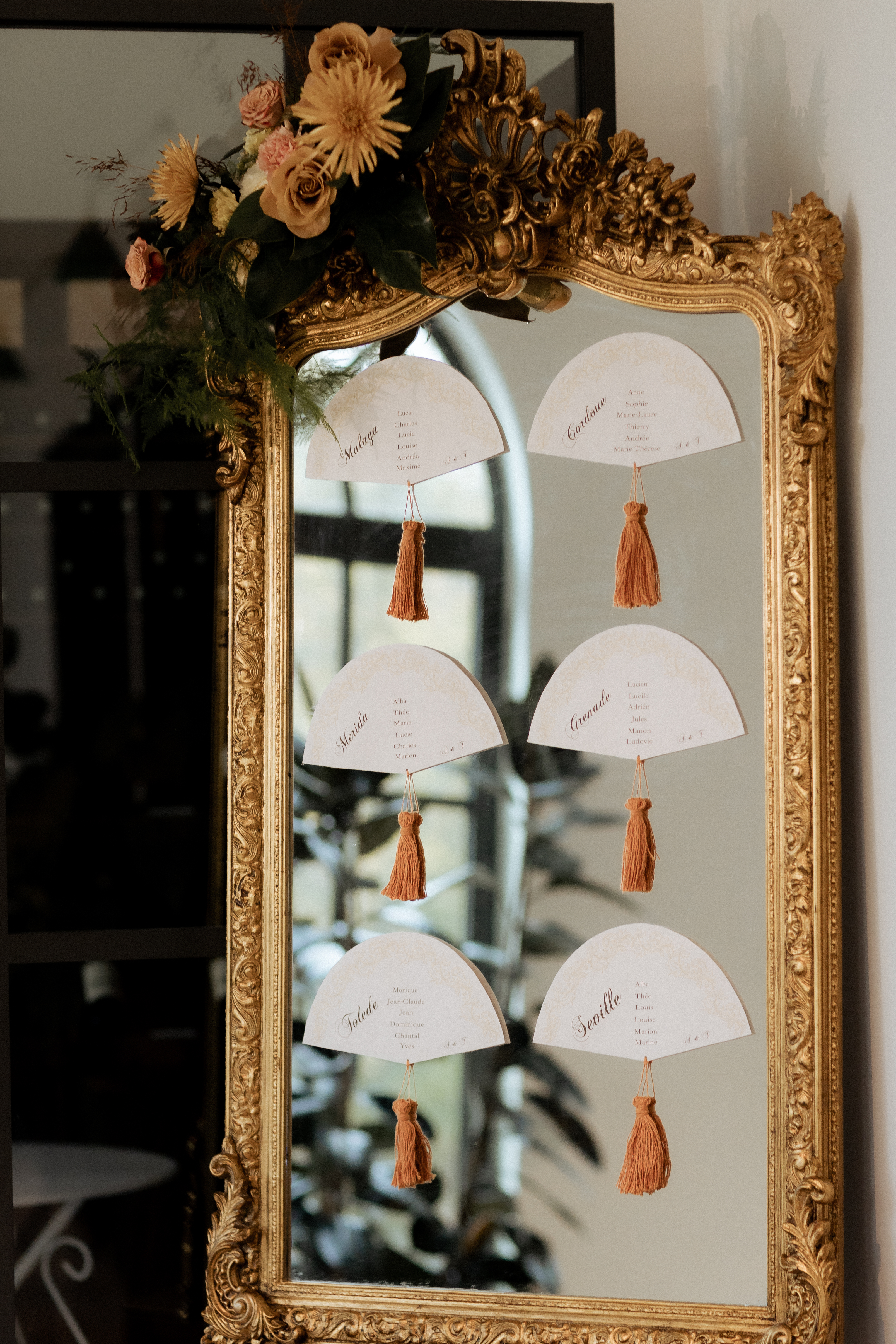 plan de table éventail papier fait main mirroir ancien doré vintage